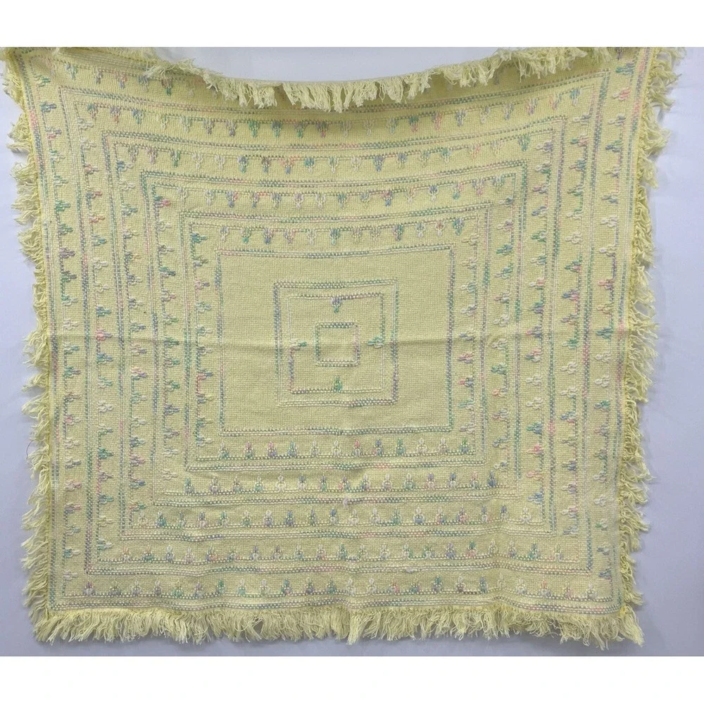 Vintage Baby Blanket Hand Woven Butter Yellow Pastel Fringed 33
